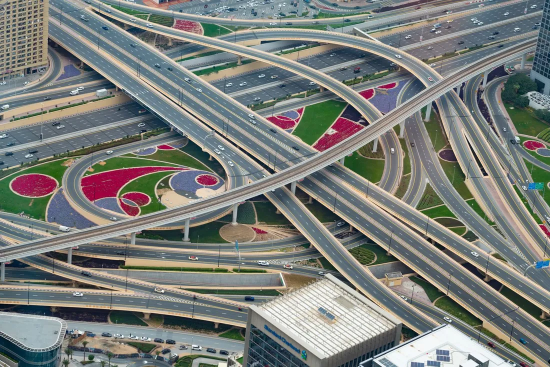 Aerial photograph of a modern multilane highway interchange