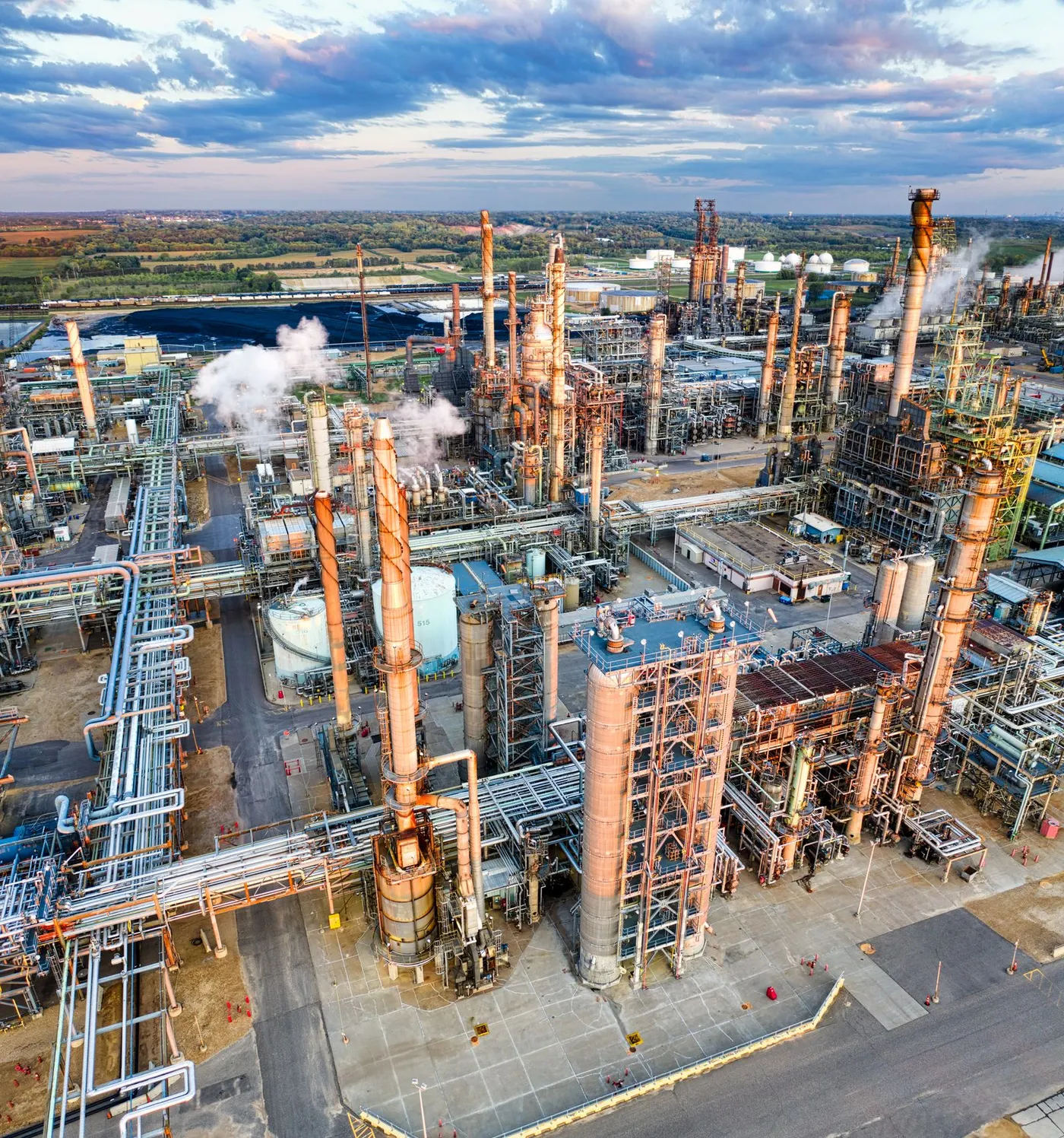 Aerial view of refinery processing infrastructure